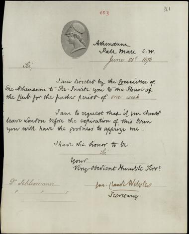 Letter sent by Athenaeum Club to Schliemann, Heinrich, 1878