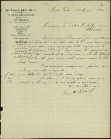 Letter sent by Caillol, E. and Saintpierre, H. to Schliemann, Heinrich, 1880