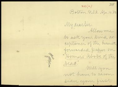 Letter sent by Warren, William F. to Schliemann, Heinrich, 1883