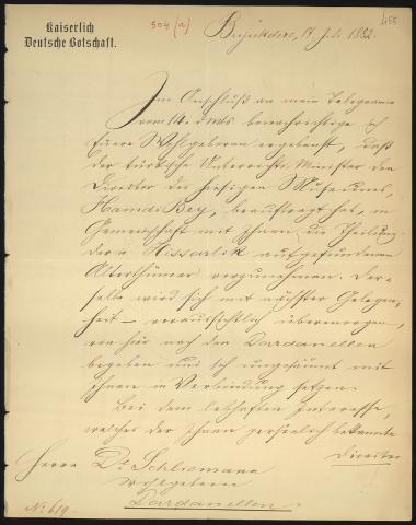 Letter sent by Hirschfeld, L. to Schliemann, Heinrich, 1882