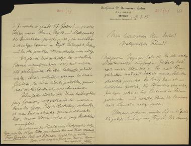 Letter sent by Cohn, Hermann to Schliemann, Heinrich, 1885