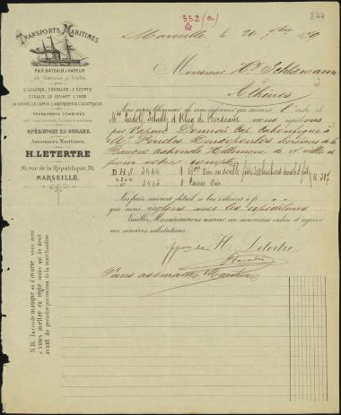 Letter sent by Letertre, H. to Schliemann, Heinrich, 1879