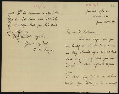 Letter sent by Sayce, Archibald Henry to Schliemann, Heinrich, 1881