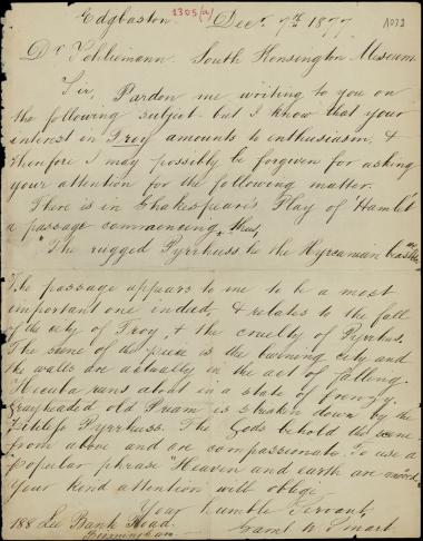 Letter sent by Smart, S. W. to Schliemann, Heinrich, 1877