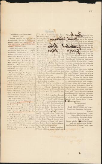 Letter sent by Ohnefalsch-Richter, Max to Schliemann, Heinrich, 1885