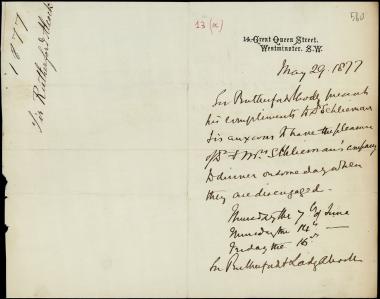 Letter sent by Rutherford, Alcock to Schliemann, Heinrich, 1877