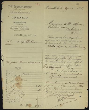 Letter sent by Transatlantique to Schliemann, Heinrich, 1886
