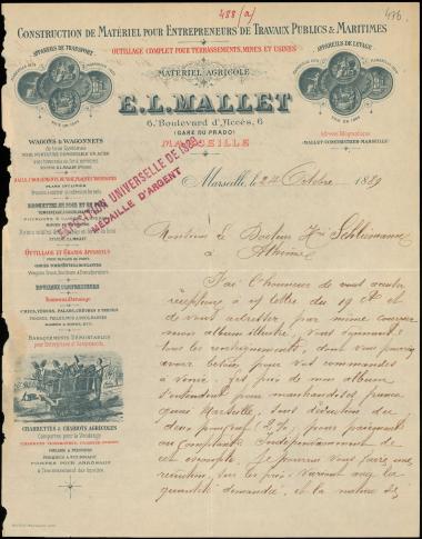Letter sent by Mallet, E. L. to Schliemann, Heinrich, 1889