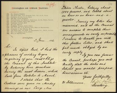 Letter sent by Porter, Paxton to Schliemann, Heinrich, 1882