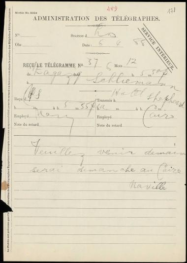 Letter sent by Naville, Édouard H. to Schliemann, Heinrich, 1888