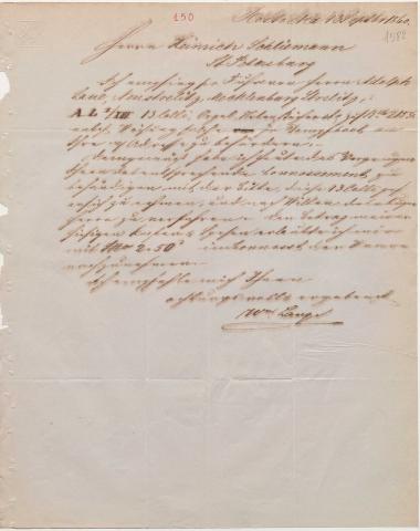 Letter sent by Lange, Wm. to Schliemann, Heinrich, 1860