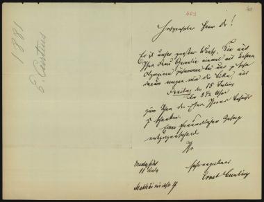 Letter sent by Curtius, Ernst W. to Schliemann, Heinrich, 1881