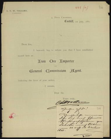 Letter sent by Volland, C. T. W. to Schliemann, Heinrich, 1881