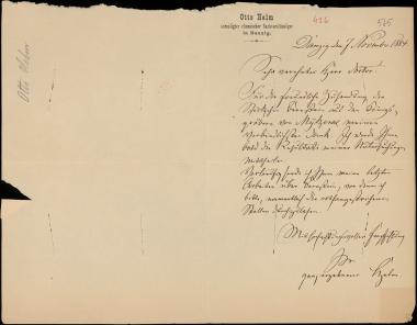 Letter sent by Helm, Otto to Schliemann, Heinrich, 1884