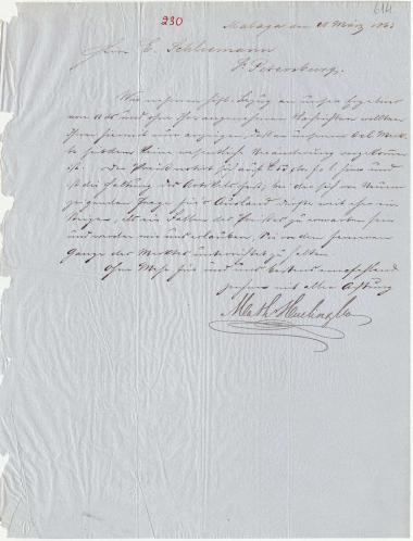 Letter sent by Huelin, Math. & Co. to Schliemann, Heinrich, 1863