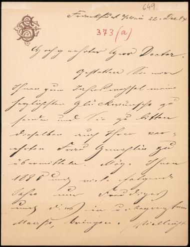 Letter sent by Sulzbach, Emil to Schliemann, Heinrich, 1884