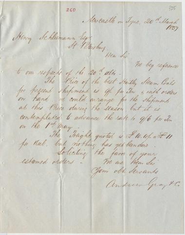 Letter sent by Gray, Andrew & Co. to Schliemann, Heinrich, 1857