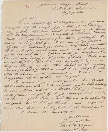 Letter sent by Cooper, Richard to unknown receiver, 1868