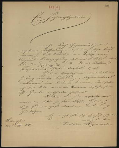 Letter sent by Heymanson, Wilhelm to Schliemann, Heinrich, 1881