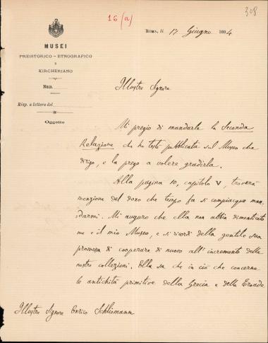 Letter sent by Pigorini, Luigi to Schliemann, Heinrich, 1884