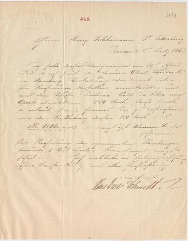 Letter sent by Schmidt, Hans Diedr. to Schliemann, Heinrich, 1863