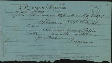 Letter sent by Καραπάνος, Κωνσταντίνος to Schliemann, Heinrich, 1878