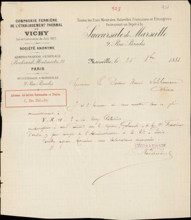 Letter sent by Compagnie Fermière de l'Établissement Thermal de Vichy to Schliemann, Heinrich, 1883