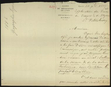Letter sent by Desgrand, Louis to Schliemann, Heinrich, 1885