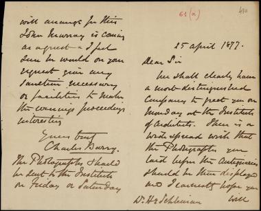 Letter sent by Barry, Charles to Schliemann, Heinrich, 1877