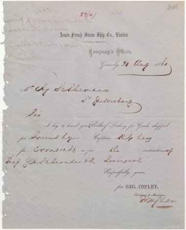 Letter sent by Anglo-French Steam Ship Co., Ltd. to Schliemann, Heinrich, 1860