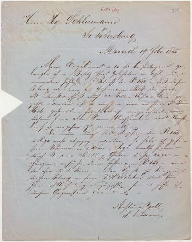Letter sent by Laaser, H. to Schliemann, Heinrich, 1855