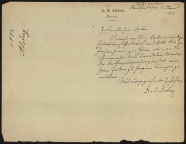 Letter sent by Alsberg, M. to Schliemann, Heinrich, 1882