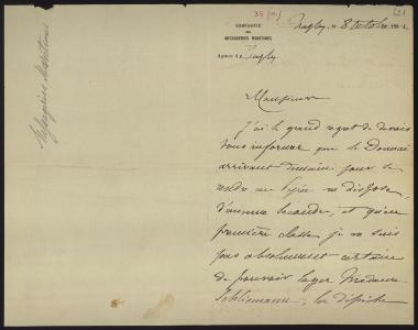 Letter sent by Compagnie de Messageries Maritimes to Schliemann, Heinrich, 1882