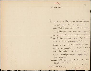 Letter sent by Bianconi, Giuseppe G. to Schliemann, Heinrich, 1872