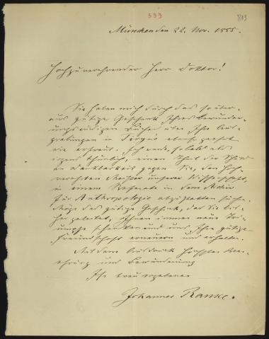 Letter sent by Ranke, Johannes to Schliemann, Heinrich, 1885
