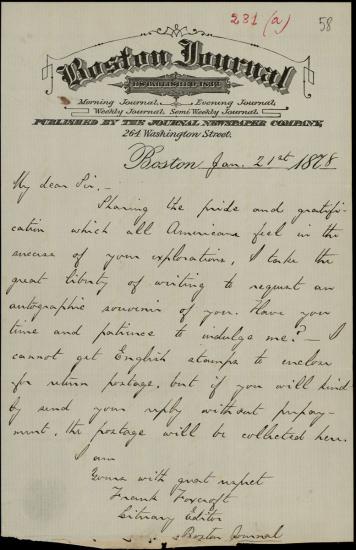 Letter sent by Foxcroft, Frank to Schliemann, Heinrich, 1878