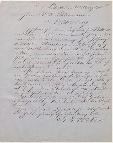 Letter sent by Witte, D. G. to Schliemann, Heinrich, 1864