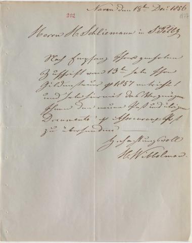 Letter sent by Wibbelmann, Hermann to Schliemann, Heinrich, 1856