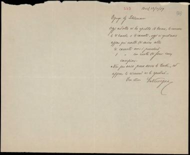 Letter sent by Nervegna, Giuseppe to Schliemann, Heinrich, 1889