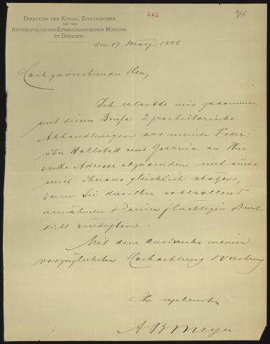 Letter sent by Direktion des Königlichen Zoologischen und des Anthropologisch-Ethnographischen Museums zu Dresden to Schliemann, Heinrich, 1886