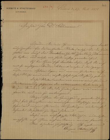 Letter sent by Stoltenhoff, August to Schliemann, Heinrich, 1878