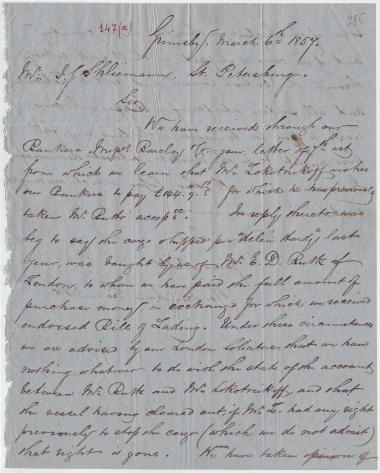 Letter sent by Wintringham & Bennetts to Schliemann, Heinrich, 1857