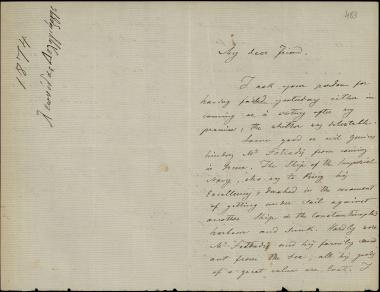 Letter sent by Δεληγεώργης, Λ. to Schliemann, Heinrich, 1874