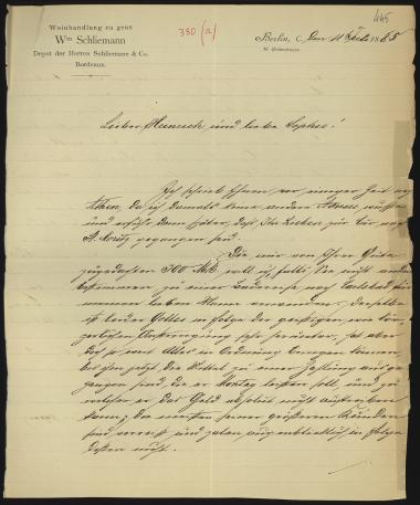 Letter sent by Schliemann, Carl and Schliemann, Ernst Wilhelm to Σλήμαν, Σοφία and Schliemann, Heinrich, 1885