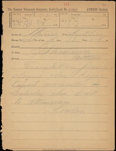 Letter sent by Mahaffy, John Pentland to Schliemann, Heinrich, 1885