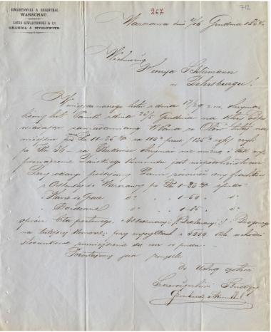 Letter sent by Giwartowski & Rosenthal to Schliemann, Heinrich, 1854