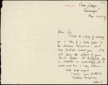 Letter sent by Ridgeway, William to Schliemann, Heinrich, 1887