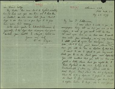 Letter sent by Sayce, Archibald Henry to Schliemann, Heinrich, 1879