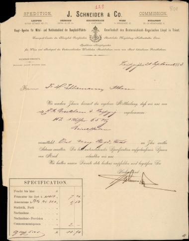 Letter sent by Schneider, J. & Co. to Schliemann, Heinrich, 1883