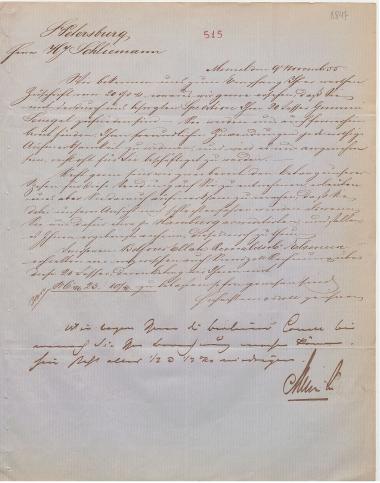 Letter sent by Meyer & Co. to Schliemann, Heinrich, 1855